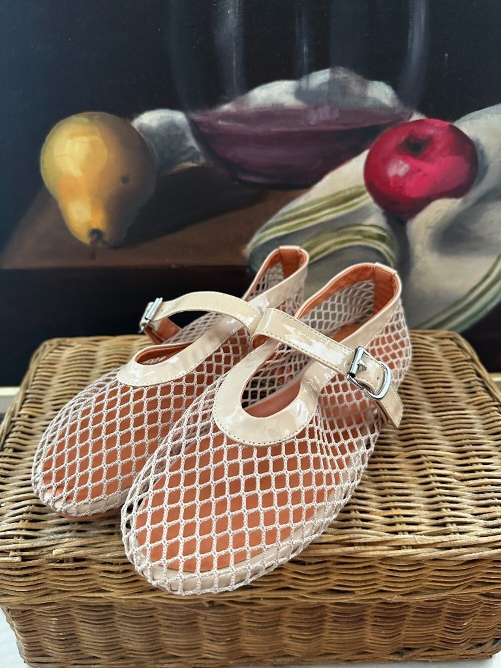 Nude Beige Mesh Fisherman Knit Mary Jane Flats Buckle Strap Size 7